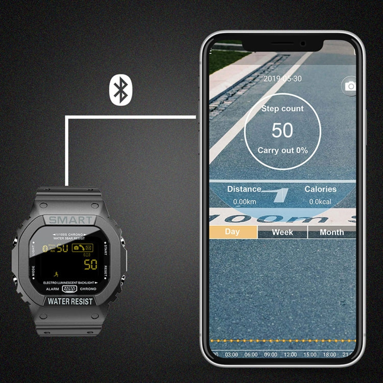 Black smartwatch beside smartphone app showing steps and distance