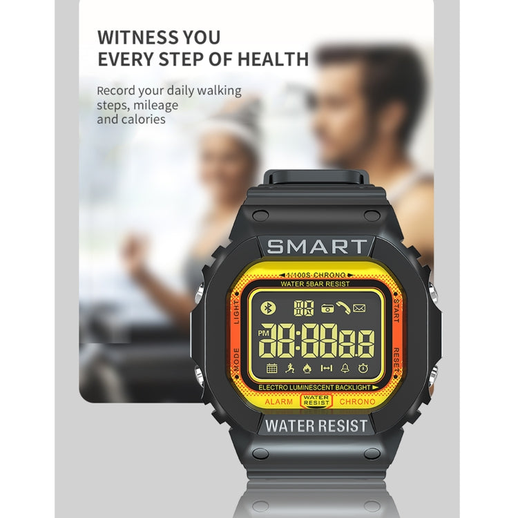 Black rugged smartwatch front view with orange backlit display