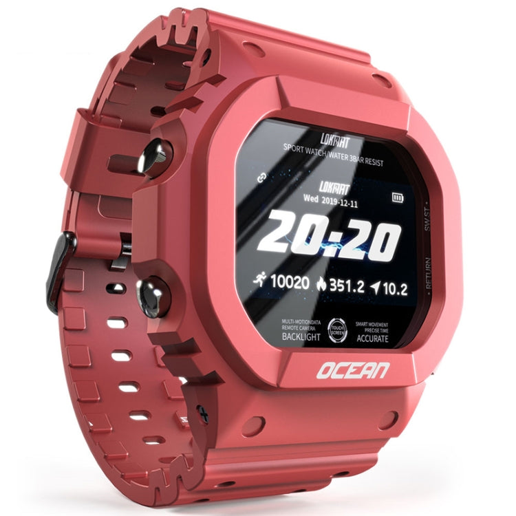 Wine red smartwatch viewed at an angle, round touchscreen and rugged strap