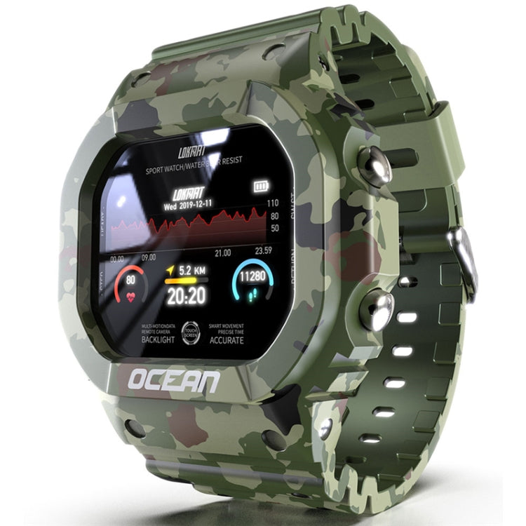 Camouflage green smartwatch with round TFT touchscreen and perforated rugged strap