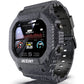 Dark gray smartwatch with round touchscreen and rugged woven fabric strap