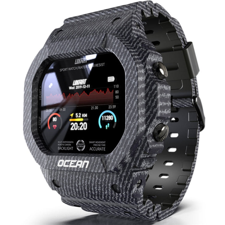 Dark gray smartwatch with round touchscreen and rugged woven fabric strap