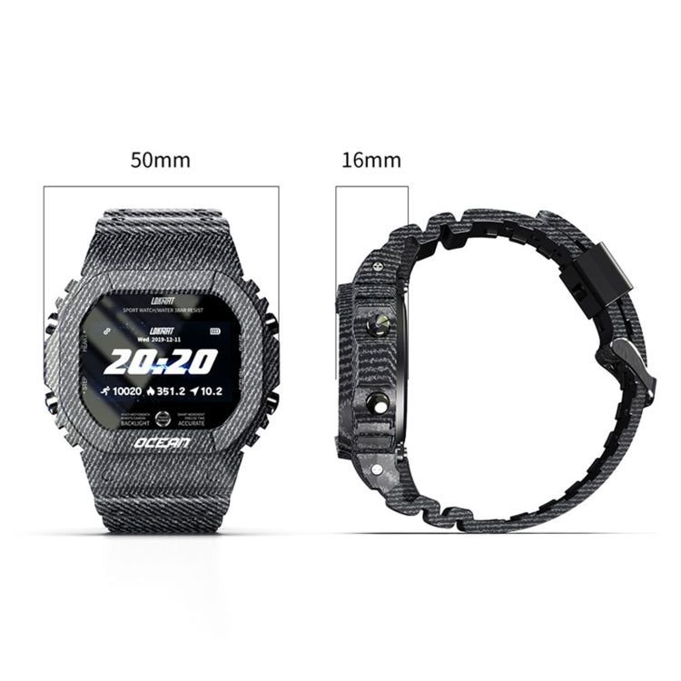 Pair view of dark gray smartwatch: front screen and side view of rugged case