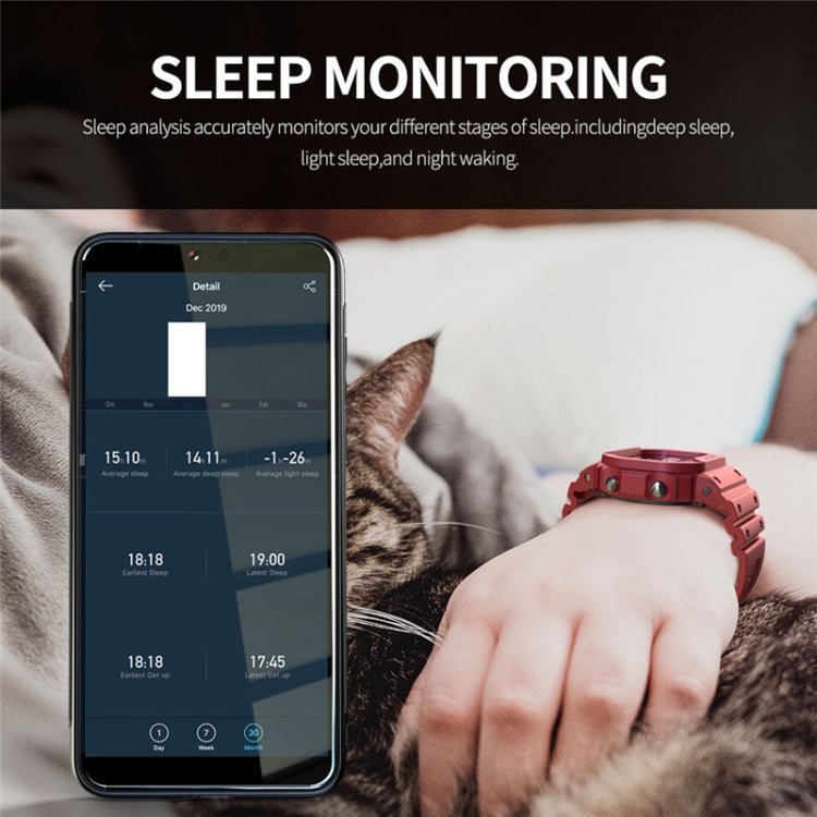 Red fabric-strap smartwatch on wrist showing sleep monitoring charts