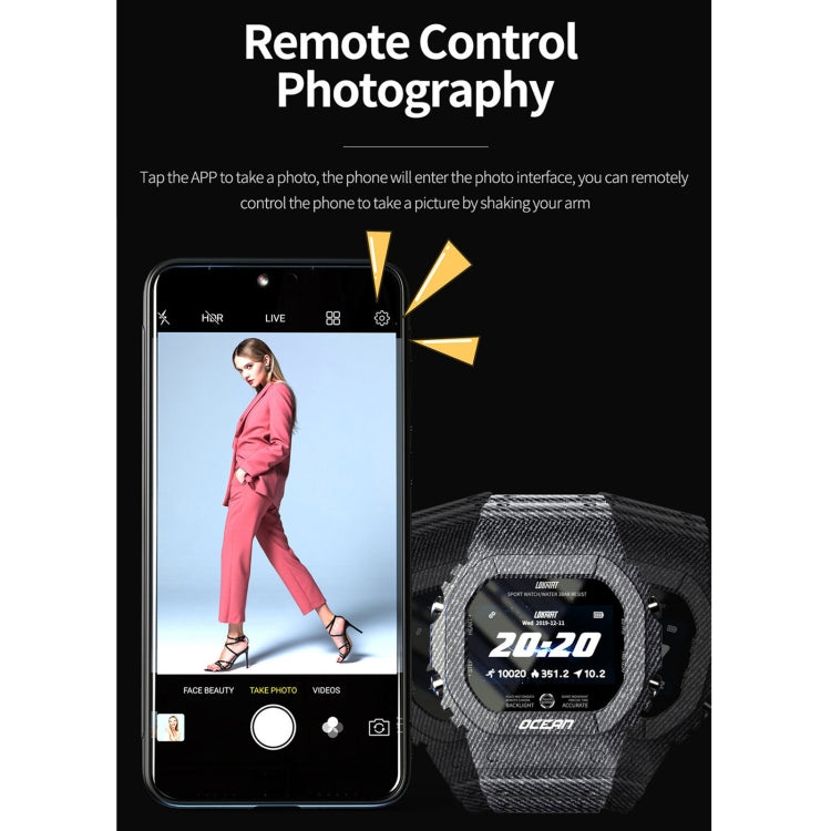 Charcoal fabric-strap smartwatch with illuminated TFT face showing time 20:20