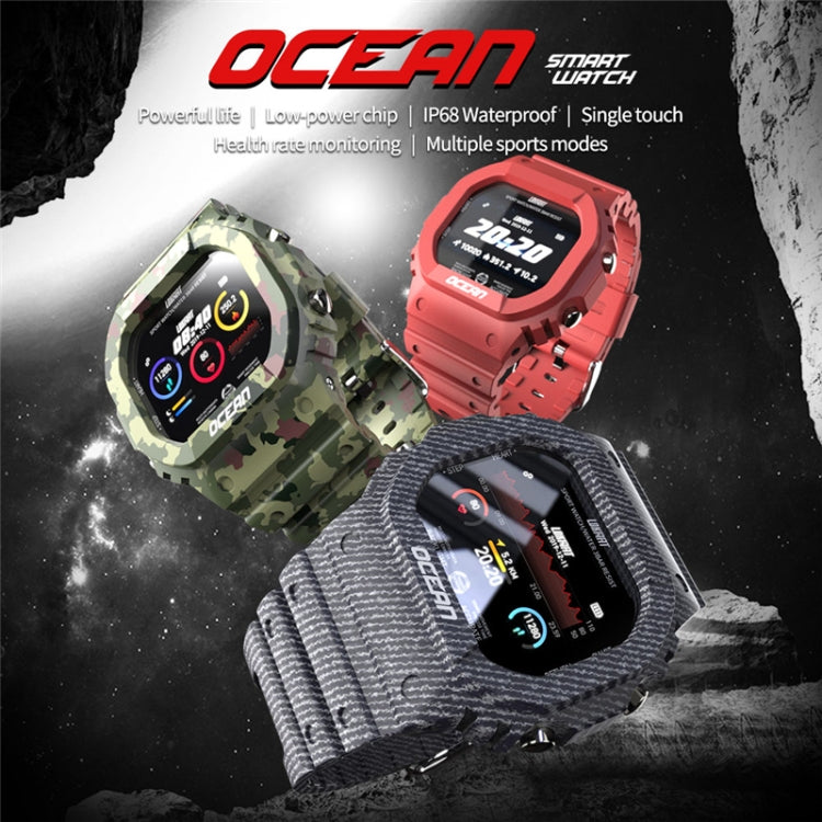 Smartwatch bundle in camouflage, red, and dark gray colors with rugged straps