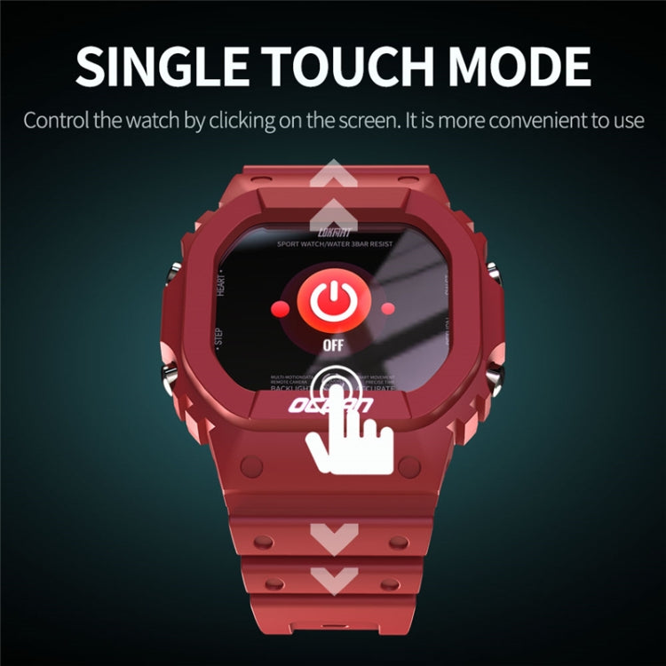 Wine red smartwatch with single-touch screen control icon on the display
