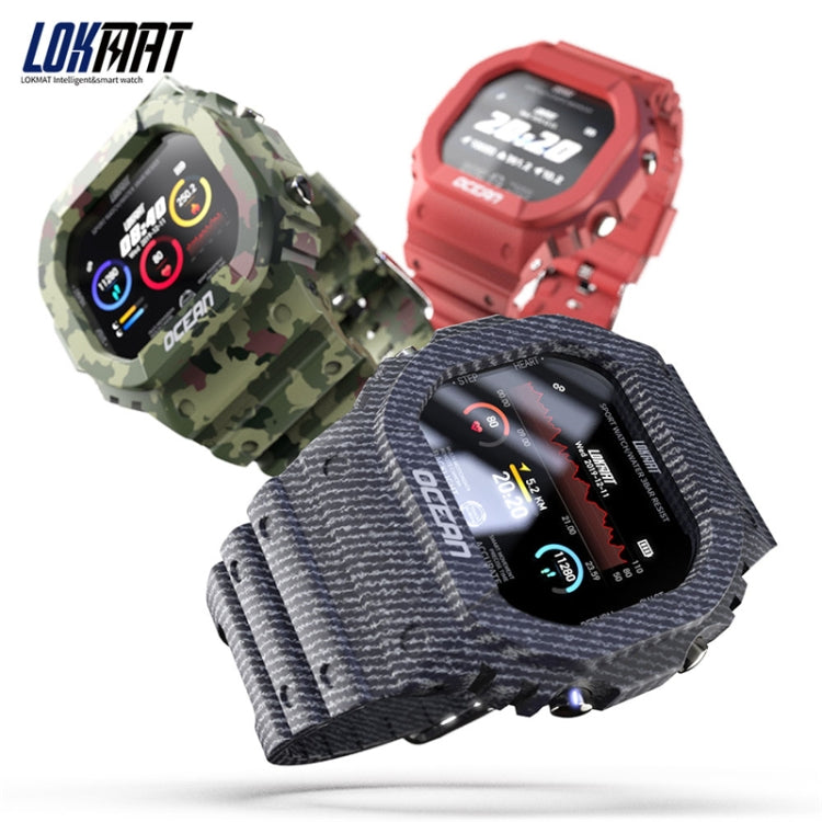 Camouflage and red smartwatch shown together, each with round touchscreen and rugged band