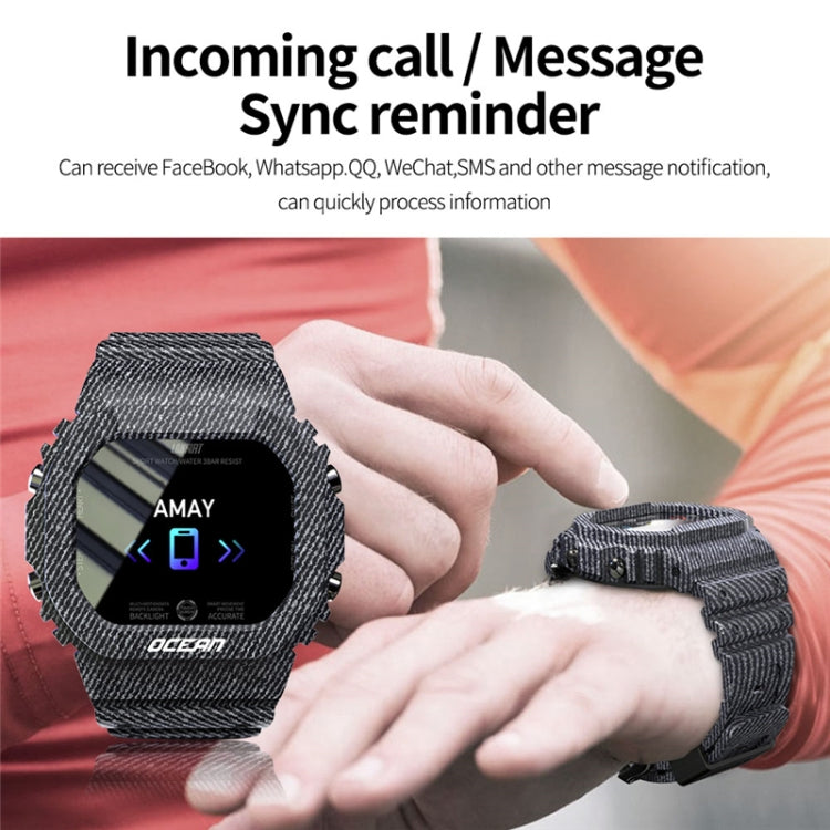 Dark charcoal fabric-strap smartwatch with round TFT screen on wrist