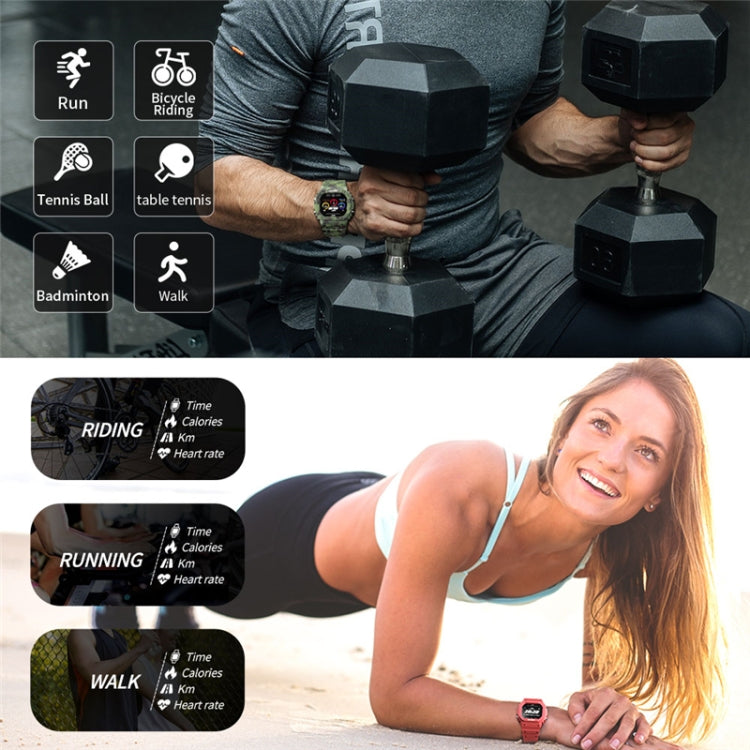 Dark fabric-strap smartwatch on wrist with sports menu icons on screen