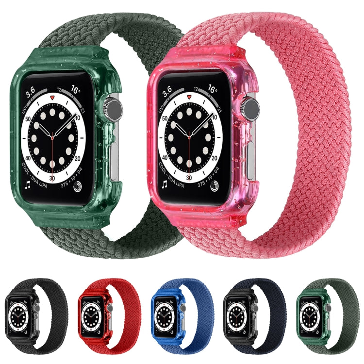 Woven Apple Watch straps with protective frames in dark green and bright pink