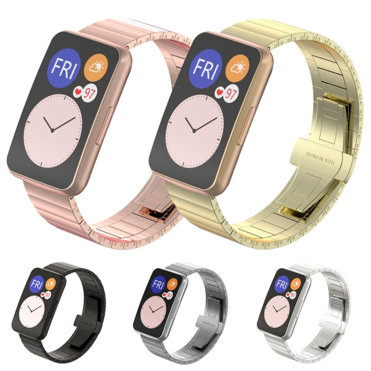 Set of metal link smartwatch straps in black, rose gold, gold, and silver stainless steel
