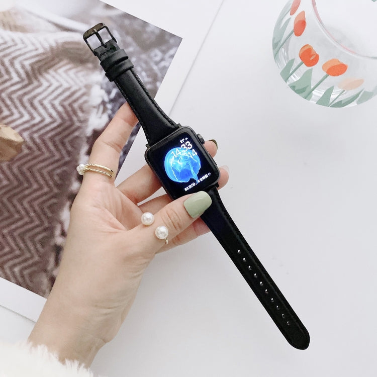 Black leather watch band with metal buckle and stitched holes, double-sided replacement strap.