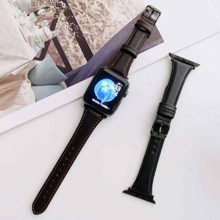 Dark brown leather watch band with metal buckle, double-sided replacement strap for Apple Watch.