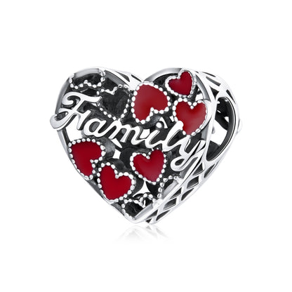 Heart charm bead in oxidized sterling silver with red enamel hearts and 'Family' text