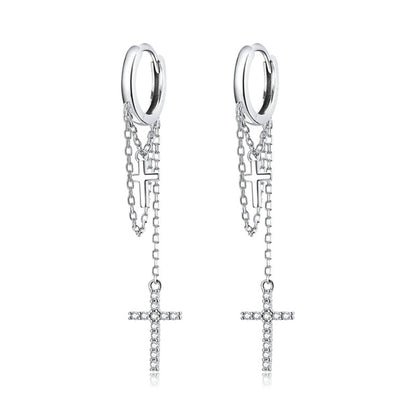 Sterling silver cross tassel drop earrings with hoop backs and dangling chain crosses