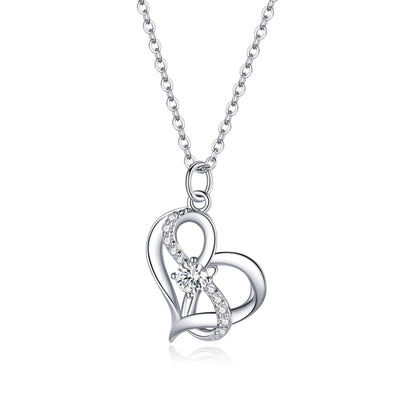 Sterling silver heart pendant necklace with interlocking hearts and sparkling crystal stones