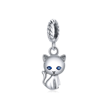 Sterling silver cat charm pendant with blue eyes and loop for bracelet or necklace