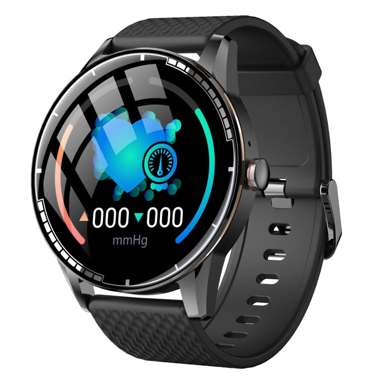 Black round smartwatch with textured silicone band and bright touchscreen display