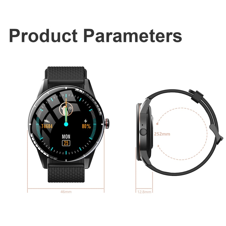 Black smartwatch front and side views with round case and silicone band