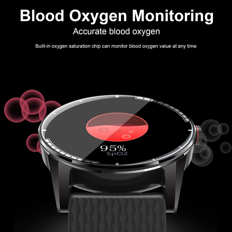 Smart watch with dark gray case and black strap, blood oxygen 95% screen