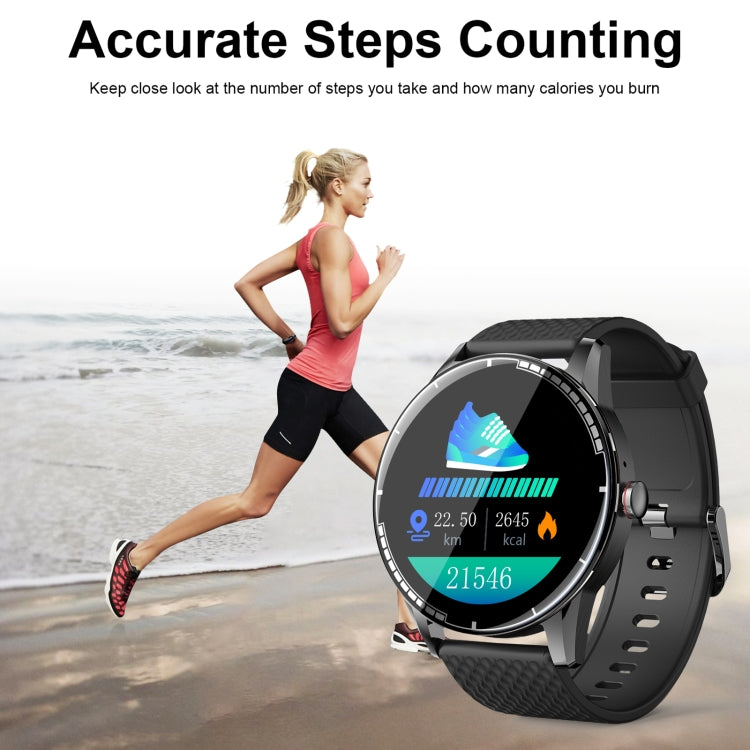 Smart watch on runner’s wrist with black band, steps and activity screen display