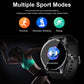 Smart watch with black strap, multi sport mode icons on the touch screen