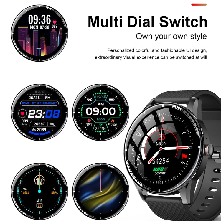 Smart watch showing multiple selectable watch faces with round color dials