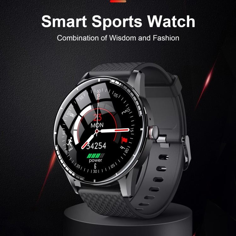 Black sports smartwatch with red-highlighted dial and silicone strap
