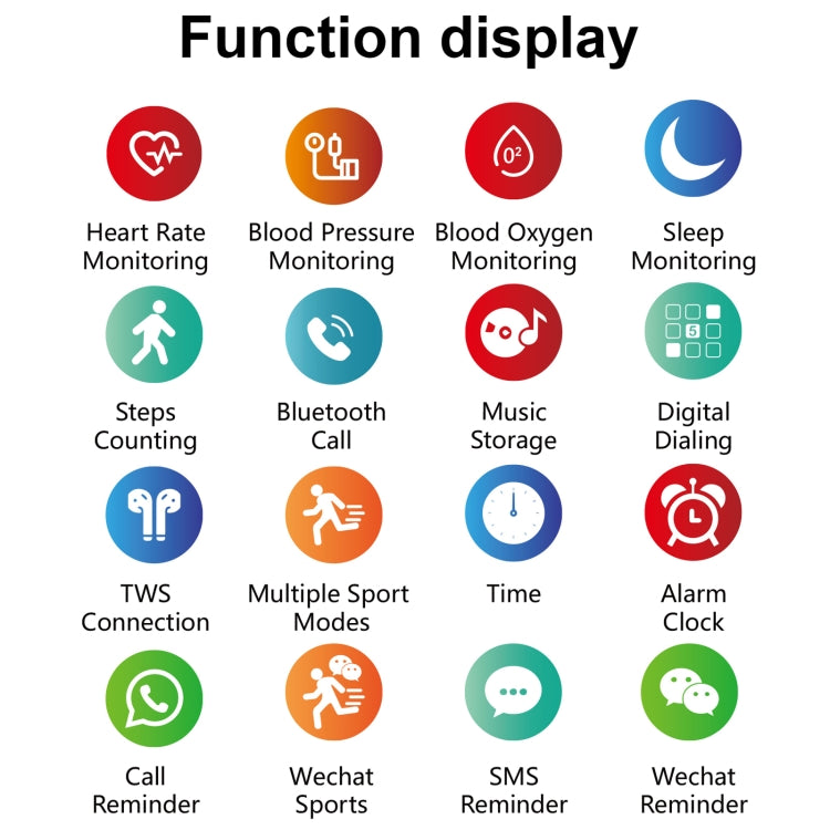 Black smartwatch functions icons for heart rate, blood pressure, oxygen, steps and sleep