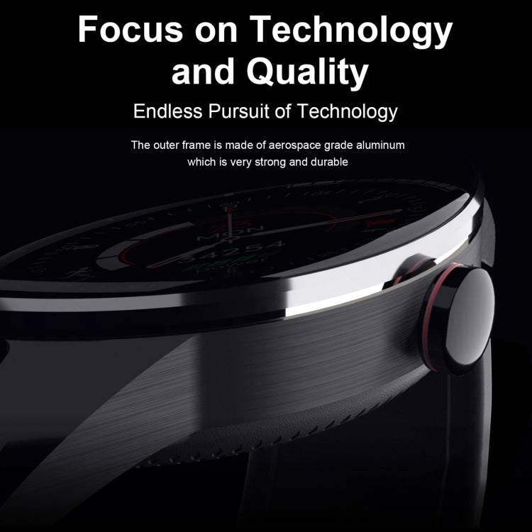 Black smartwatch with brushed metal outer frame, side button, and silicone strap