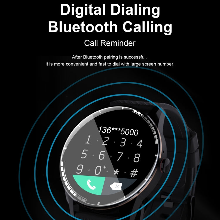 Black smartwatch touchscreen showing phone keypad for Bluetooth calling