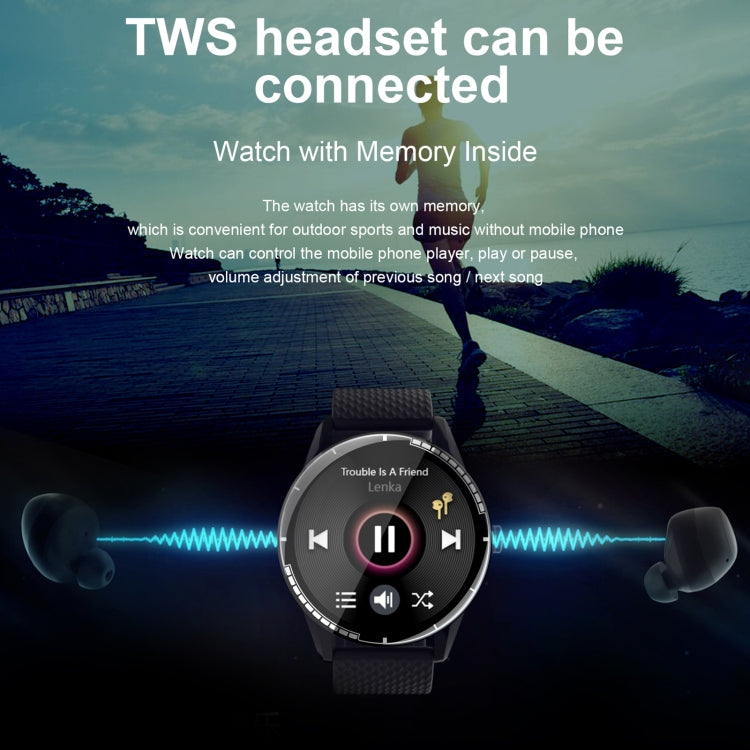 Black smartwatch showing music controls on screen with silicone band