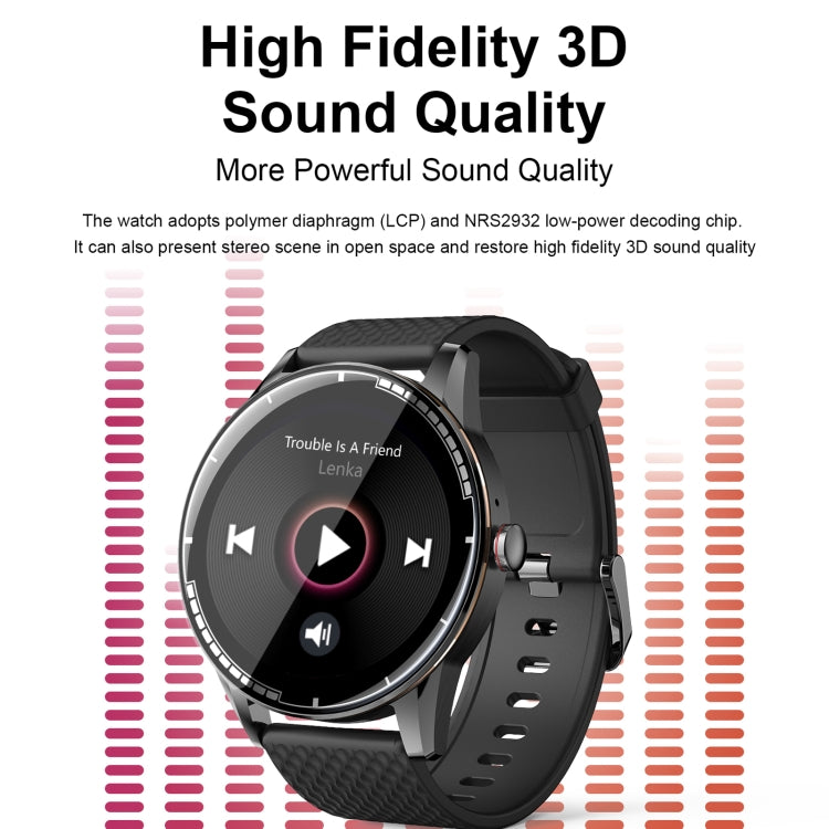 Black smartwatch with media playback screen and sound-wave graphic around display