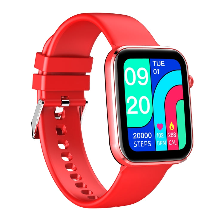 Red square smartwatch showing colorful health steps display, silicone strap with metal buckles