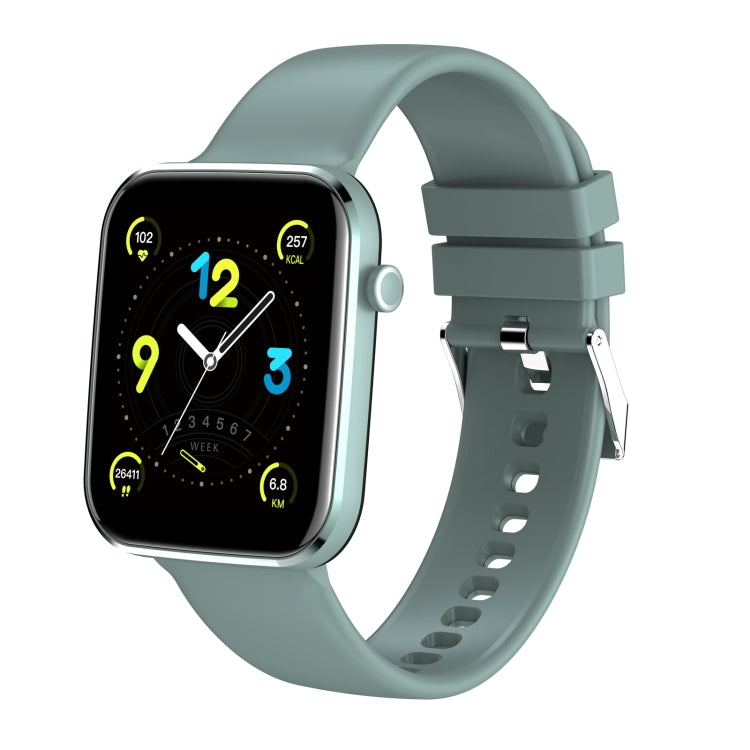 Light green smartwatch with square touch screen, silver bezel and silicone strap