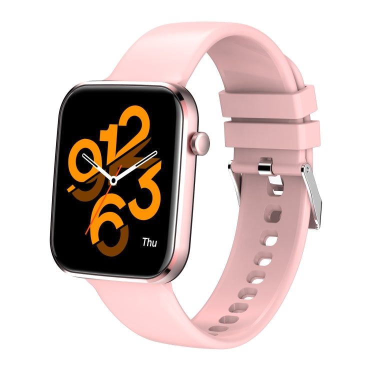Pink smartwatch with square touch screen, rose-toned case and perforated silicone band