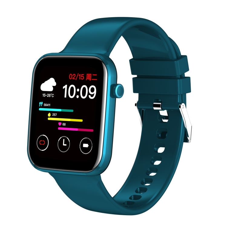 Teal smartwatch with square touch screen, silver case and perforated silicone strap