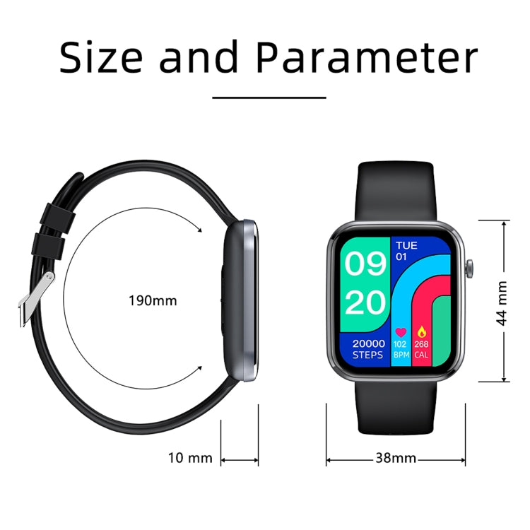 Smartwatch size diagram with teal screen, showing strap length and watch dimensions
