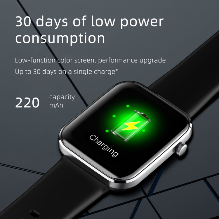 Black smartwatch charging with battery icon on touchscreen