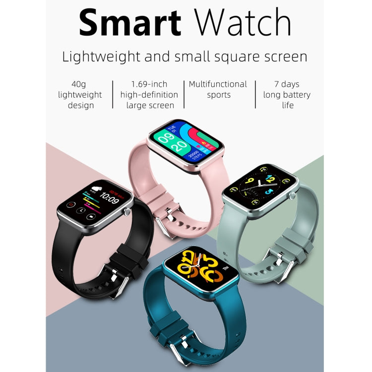Set of square smartwatches with colored silicone bands in pink, black, and teal