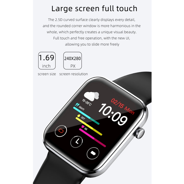 Black smartwatch close-up on black band with bright full-touch screen, 1.69-inch callout