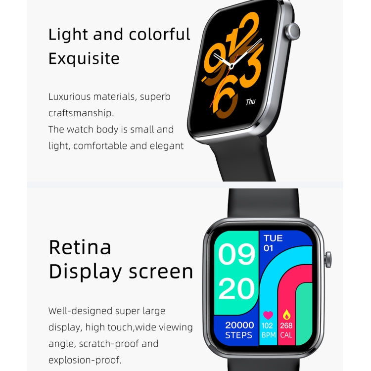 Black smartwatch with colorful square touchscreen and silicone wrist strap