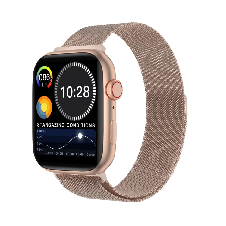 Rose gold smartwatch with round watch face and taupe mesh band
