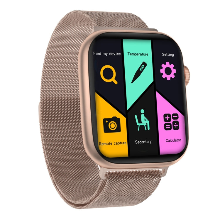 Rose gold smartwatch with taupe mesh band, colorful menu icons on display