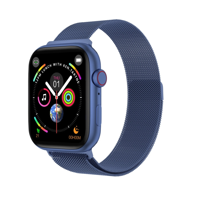Blue smartwatch with blue mesh band, round screen showing activity and date