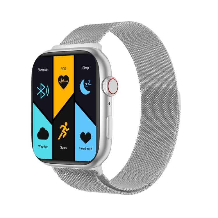 Silver smartwatch with light gray mesh band, display with weather and sport tiles
