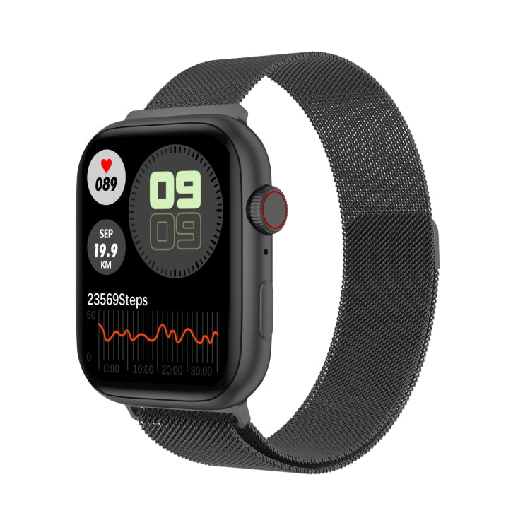 Black smartwatch with black mesh band, step and heart metrics on display