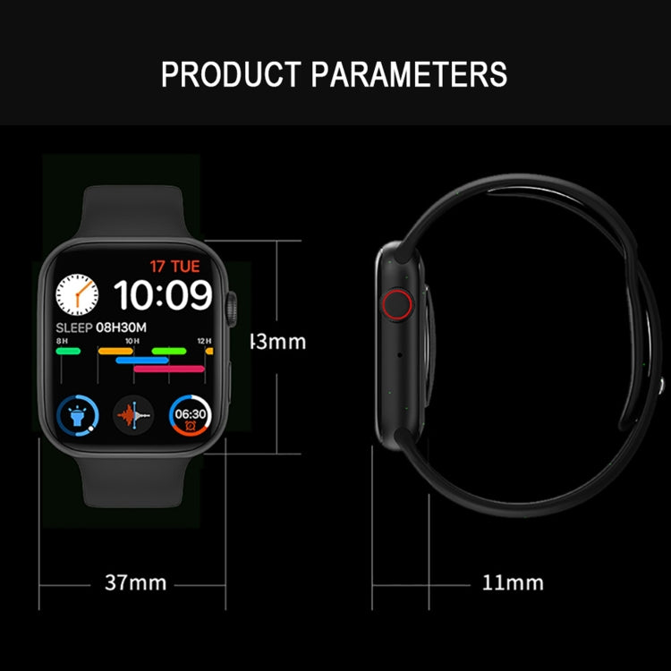 Black smartwatch with measurements diagram and side profile view