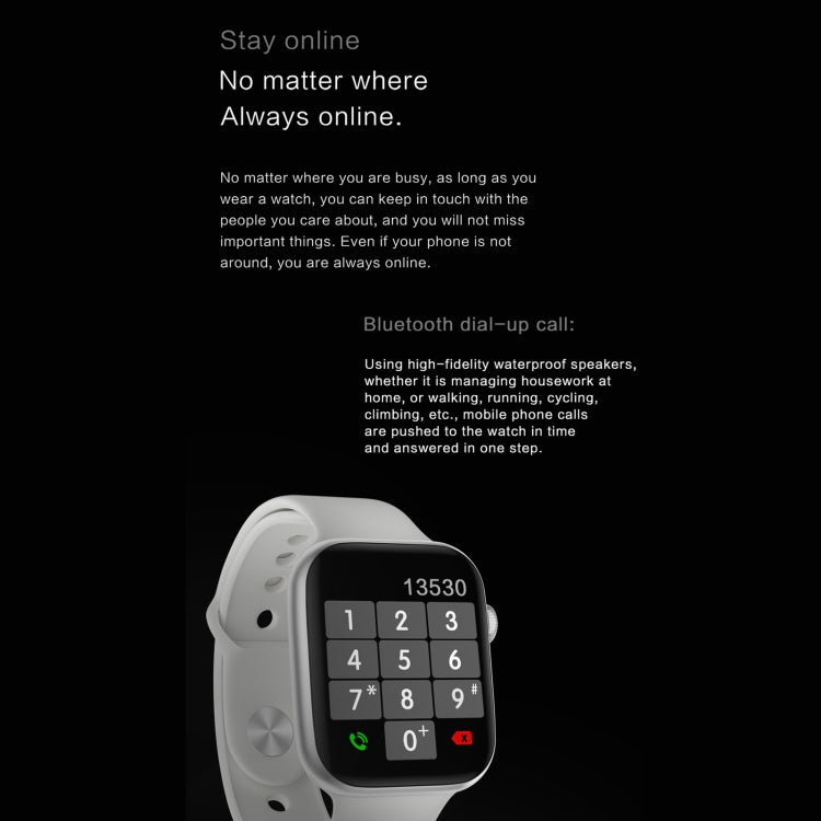 Waterproof smart watch with white strap and keypad call screen on color display